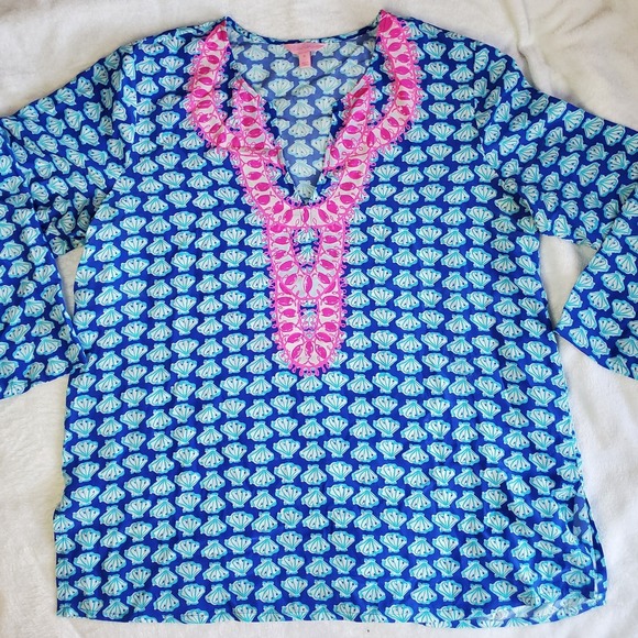Lilly Pulitzer Tops - Lilly Pulitzer Renato Dinner Tunic Top Blouse Womens XL Beaded Gypset Seashells